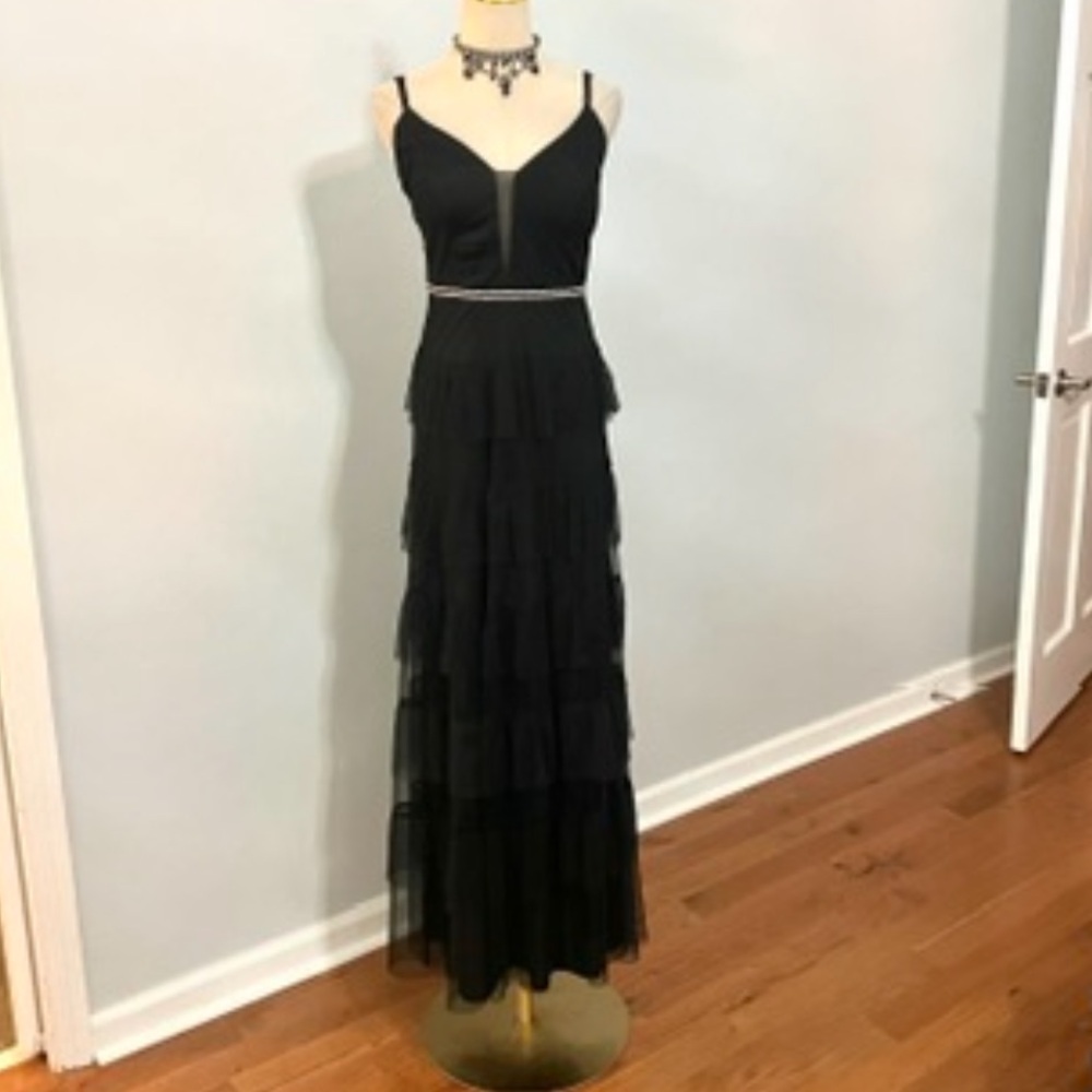 Candalite Black Sheer Tiered Maxi Dress Rhinestone Waist Open Back Formal Prom M